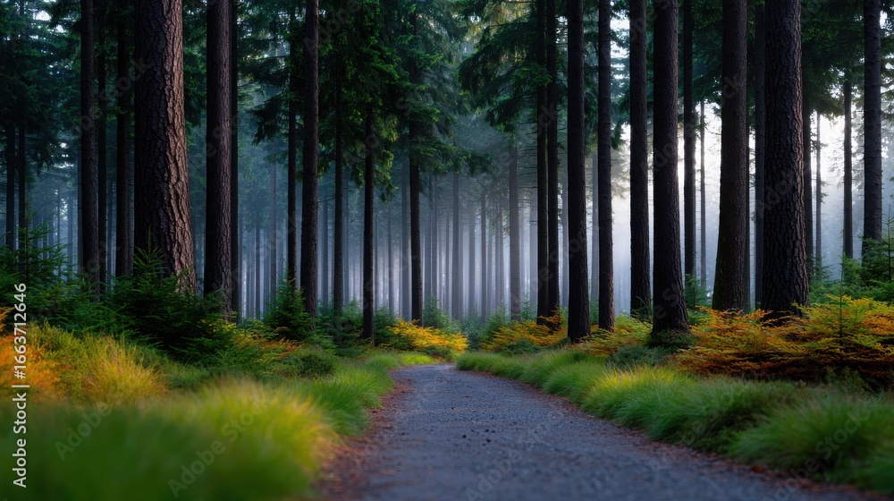 Poster a forest path with trees on either side