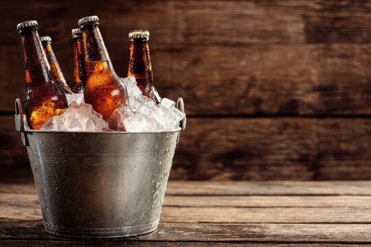 Chilled amber beer bottles in metal ice bucket on rustic wooden table with condensation, perfect for summer parties, bar menus, brewery promotions, and beverage advertising - Powered by Adobe