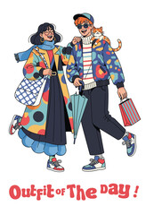 Fashionable young couple in colorful coats posing with dog, umbrella, and bag, stylish modern flat illustration design.