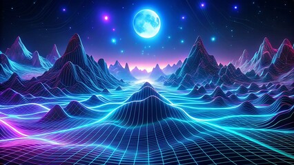 Futuristic digital landscape with glowing neon mountains and a bright moon under a starry sky, evoking a scifi or alien world
