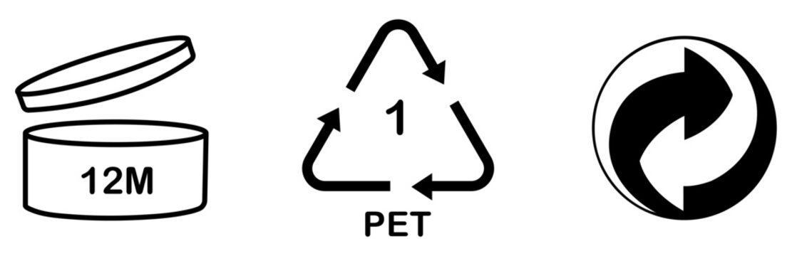 Period after opening 12m, plastic recycle code 1 pet, green point symbol icon collection on white background. PET 1 recycling, 12m jar, green dot, packaging icons. Vector illustration
