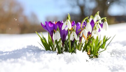 Delicate snowdrops and vibrant crocuses emerge through a blanket of fresh snow showcasing nature's