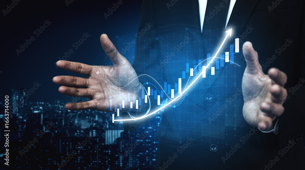 Poster a businessman gestures with open hands, presenting a growth concept with an illuminated graph overla
