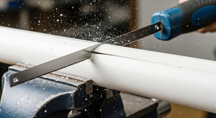 Close-up of hacksaw cutting white plastic pipe secured in a metal vise. DIY plumbing, construction, and home improvement project.