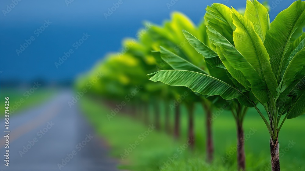 Poster a row of trees with a green leafy tree in the middle