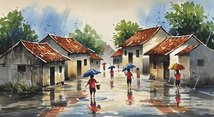 Obraz premium A beautiful watercolor painting of a rainy day in a Southeast Asian village. People with colorful umbrellas walk through flooded streets, reflecting the sky.