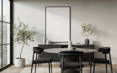 Modern dining room with a round table, chairs, and blank frame for art, perfect for interior design inspiration and home decor ideas