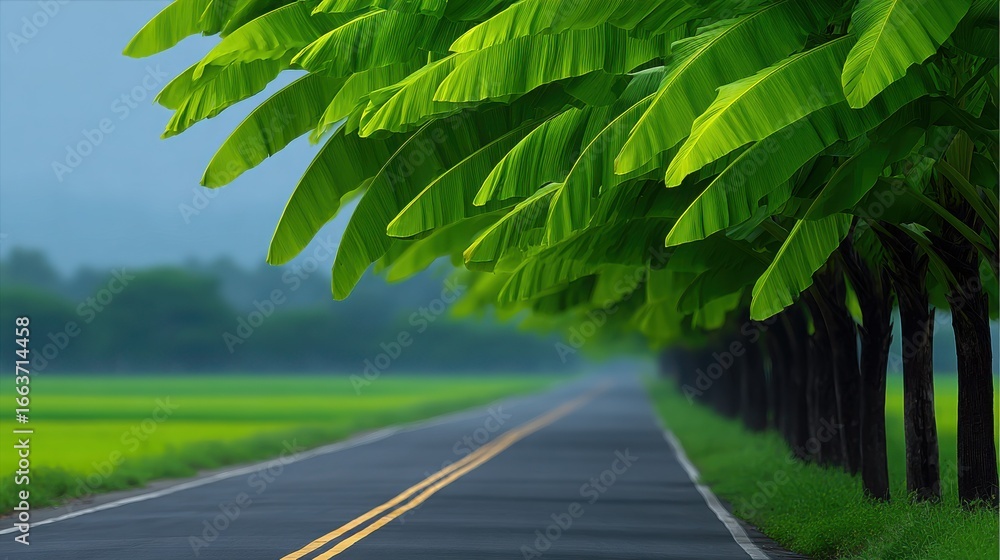 Poster a road with a row of trees on the side