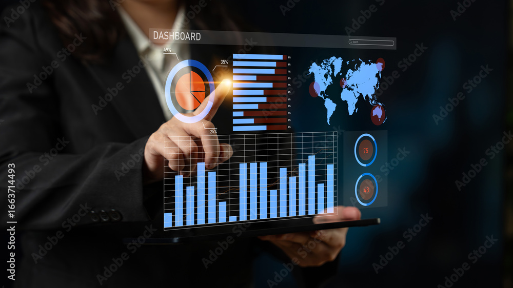 Poster a business professional engages with a digital dashboard displaying various charts and maps, enablin
