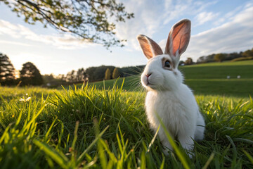Fototapeta premium A close-up, wide-angle shot of a curious rabbit in a sun-drenched field with soft, textured fur