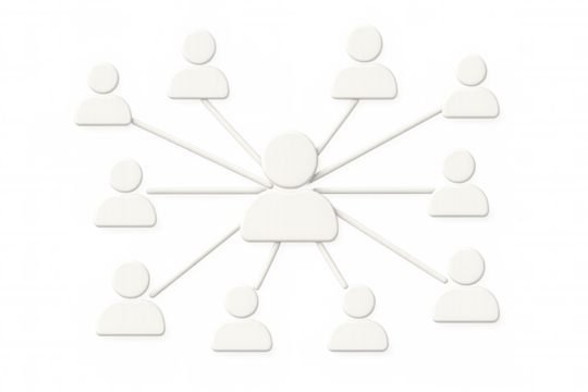 White icons representing human resources showing a central figure connecting with other people on a transparent background - Powered by Adobe
