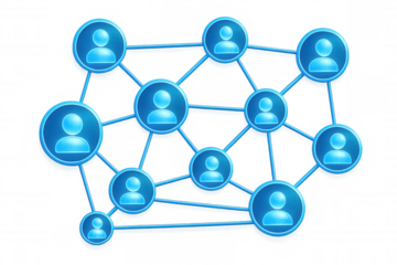 Human network connecting through digital blue silhouettes, representing global communication and interconnectivity