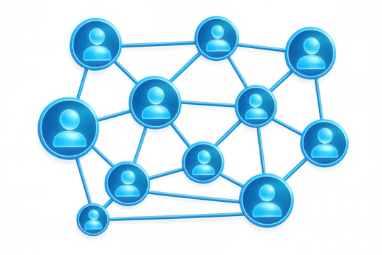 Human network connecting through digital blue silhouettes, representing global communication and interconnectivity