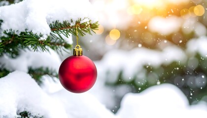 A festive Christmas decoration, a vibrant red ornament, hangs from a snowy evergreen branch, bathed in soft sunlight.