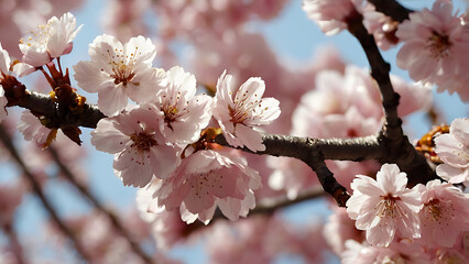 3D image Celebrate Spring&rsquo;s Beauty with Cherry Blossoms in Full Bloom: Delicate Pink Petals on Dark Branches Against a Clear Blue Sky Capture Nature&rsquo;s Elegance, Seasonal Renewal.