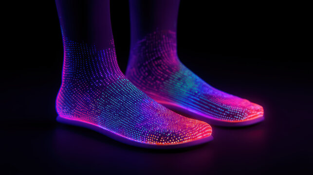 A pair of illuminated, colorful socks glowing in vibrant patterns against a dark background, showcasing a modern and artistic design.