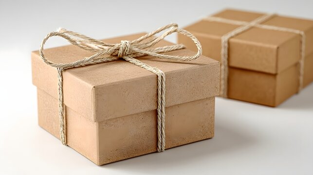 Single cardboard gift box with a rustic string bow on a white background