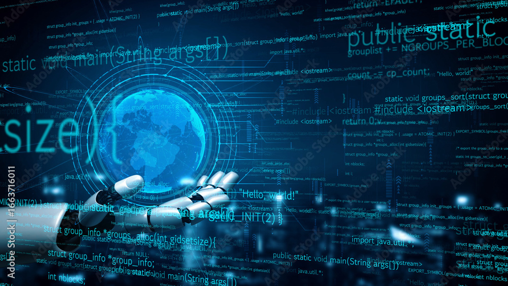 Poster a futuristic robot hand holds a glowing globe surrounded by streams of code, symbolizing the fusion 