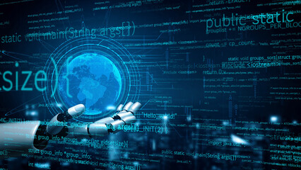 A futuristic robot hand holds a glowing globe surrounded by streams of code, symbolizing the fusion of technology and global connectivity in the digital age. Xenic