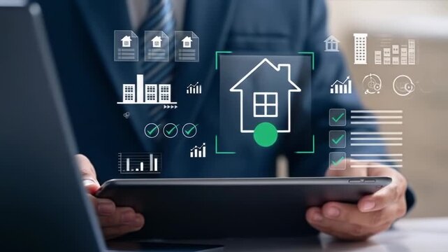A person holding a tablet displaying a digital interface with house icons, checkmarks, and charts, implying real estate transactions or property management - Powered by Adobe