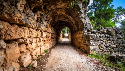 Obraz premium A stone-walled tunnel pathway leads through ancient ruins, lined with light beige and gray stones, beneath a natural archway.