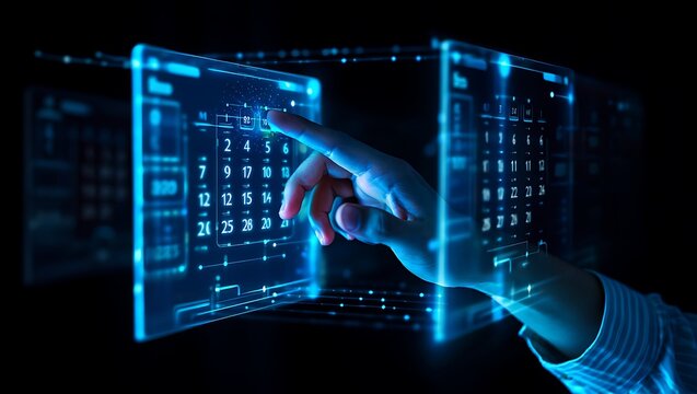 Hand Interacting With Futuristic Holographic Calendar Interface On Dark Background technology display - Powered by Adobe