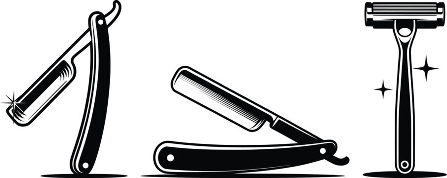 Straight Razor and Shaving Blade Illustration, Vintage Barber Shop Tools.