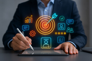 Digital business strategy with target goals, analytics, customer feedback, online marketing solution and performance management system