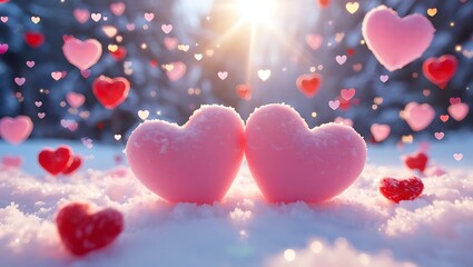 Two Pink Hearts in Snowy Landscape with Falling Hearts and Sun Rays love romance