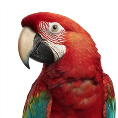 Fototapeta premium A stunning parrot with vibrant red plumage, and white facial features. Its sharp beak and piercing eyes suggest intelligence and alertness. The bird is a symbol of exotic beauty