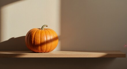 Single pumpkin on a wooden shelf with soft lighting and shadows