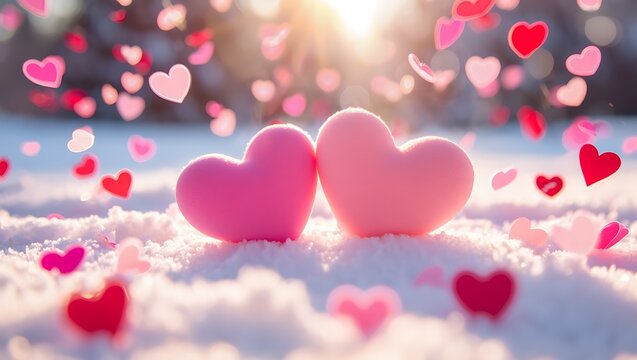 Two Pink Hearts in Snowy Landscape with Falling Hearts and Bokeh Lights love romance - Powered by Adobe