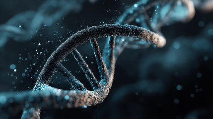 Closeup of DNA double helix structure with glowing particles  