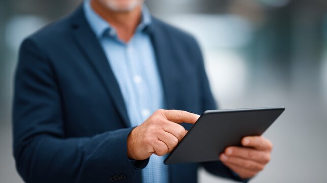 A man in a suit is holding a tablet in his hand - Powered by Adobe