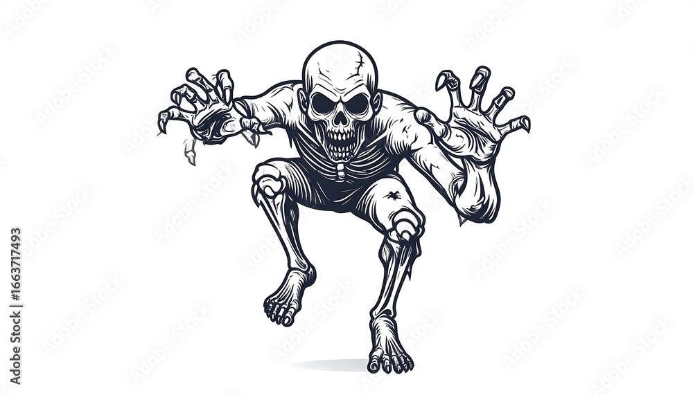 Poster a menacing zombie figure, rendered in detailed line art, leaps forward in a dynamic pose.