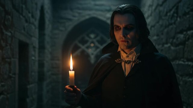 Vampire in dark cloak holding candle in stone hallway
