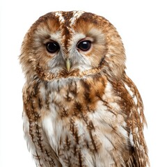 Obraz premium A detailed close-up shot of a Tawny Owl, showcasing its majestic features and intense gaze. The owl's feathers display a stunning range of browns and tans, highlighting its unique textures