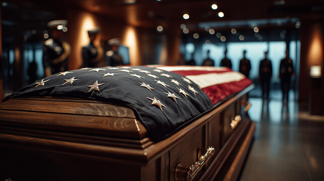 American flag draped over casket in solemn memorial service setting  