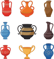 Collection of antique ceramic vases, colorful amphora illustrations, ancient pottery design, decorative clay vessels, vintage urns, historical art objects, traditional 