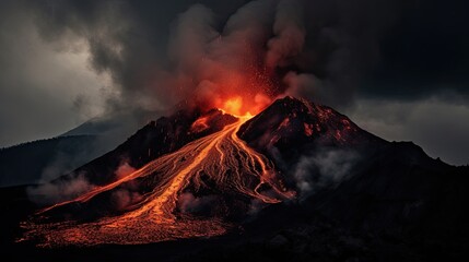 Volcano erupting with fiery lava flowing down, dark sky, intense scene.