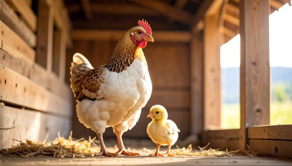 A hen and her chick stand together in a rustic wooden coop, bathed in warm sunlight filtering through the structure.