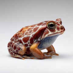 An eye-level shot of a unique and vibrant frog with a striking skin pattern, captivating with its distinct appearance. The frog is positioned against a plain backdrop