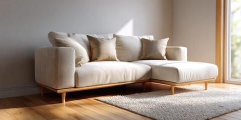 A contemporary beige fabric sofa with multiple pillows standing in a sunlit wooden-floored living room.
