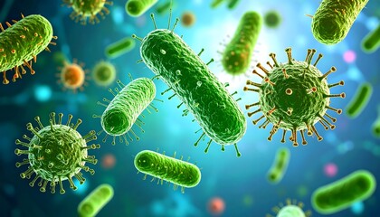 Detailed close-up view of various microscopic bacteria and viruses in vibrant green and orange tones against a light blue background.