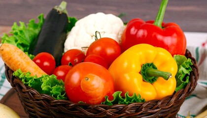 A variety of fresh vegetables, including carrots, tomatoes, bell peppers, eggplant, and cauliflower, are presented in a brown wicker basket, creating a vibrant and wholesome image.