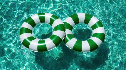 Two striped green and white floatation rings floating in clear, turquoise water, reflecting sunlight