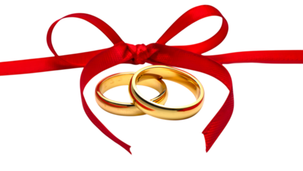 Romantic Gold Wedding Rings Tied with Red Ribbon: Elegant, Passionate, Symbolic Love