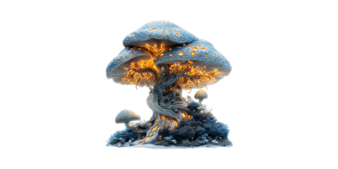 Fantasy Glowing Mushrooms In Enchanted Forest. Mystical And Magical Nature Scene Isolated On Transparent Background