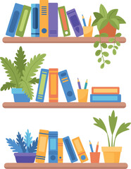 Colorful bookshelves with plants, organized stationery, cad drawing flat vector illustration, home office decor, learning space, creative lifestyle concept
