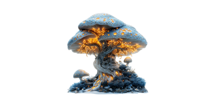 Fantasy Glowing Mushrooms In Enchanted Forest. Mystical And Magical Nature Scene Isolated On Transparent Background